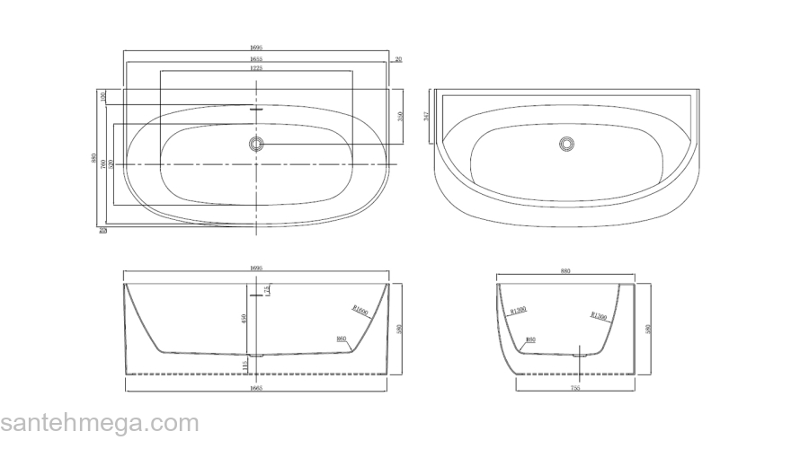 Ванна акриловая Azario CAMBRIDGE 1695х880х580, пристенная, в комплекте с сифоном и металлической рамой CAM17289MB - черный матовый. Фото