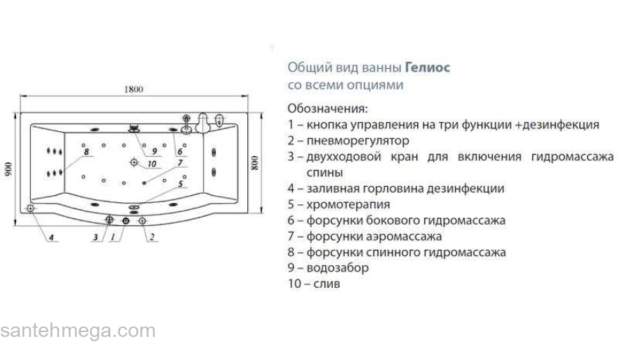 Ванна АКВАТЕК Гелиос 180х90 без гидромассажа. Фото