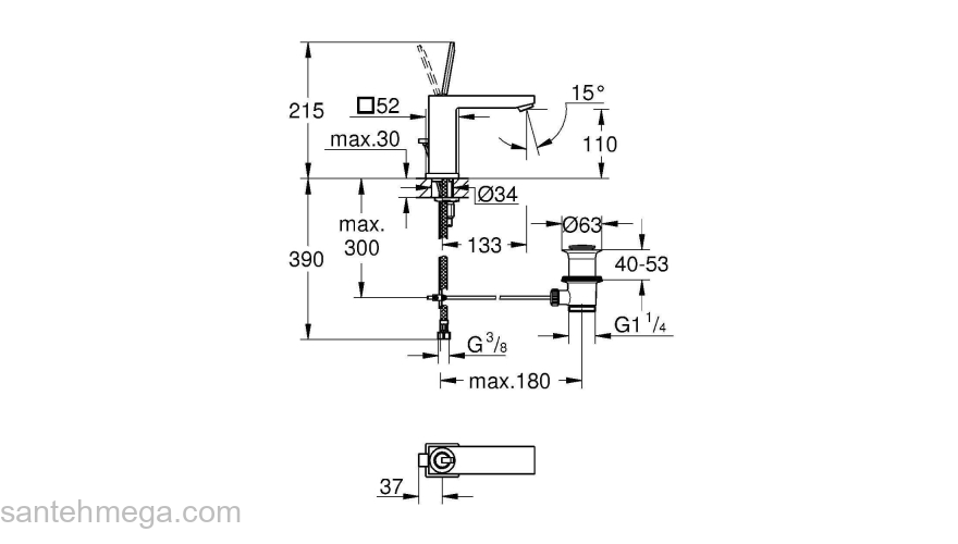 GROHE 23657000 Eurocube Joy Смеситель для раковины со сливным гарнитуром, размер M. Фото