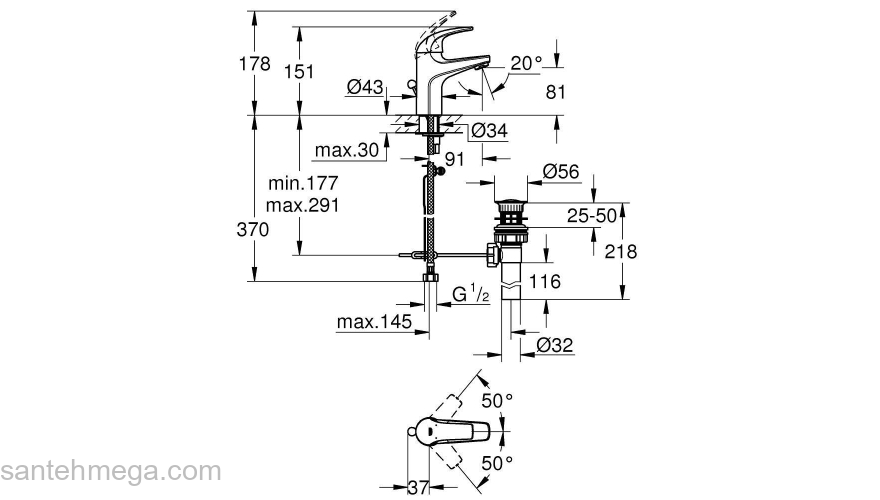 GROHE 32805000 BauCurve Смеситель однорычажный для раковины со сливным гарнитуром. Фото