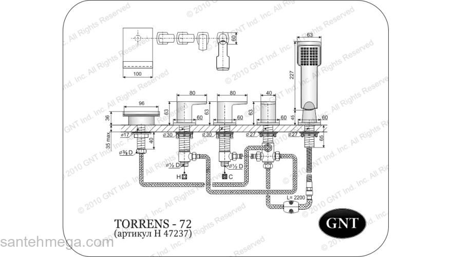 Врезной смеситель для ванны GNT Torrens-72. Фото