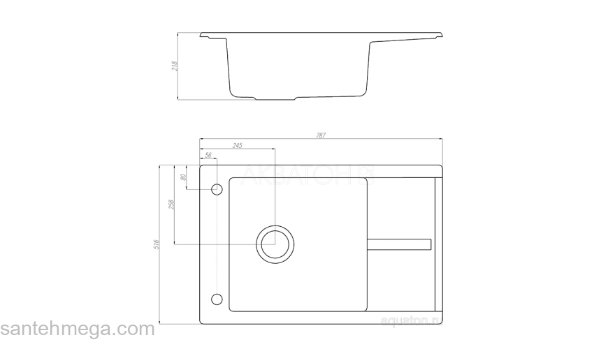 Мойка для кухни Акватон Делия 78 прямоугольная с крылом серый шелк 1A715132DE250. Фото