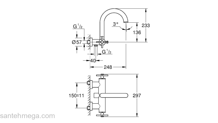 GROHE 25010003 Atrio New Смеситель двухвентильный для ванны, настенный монтаж, крестообразные ручки. Фото