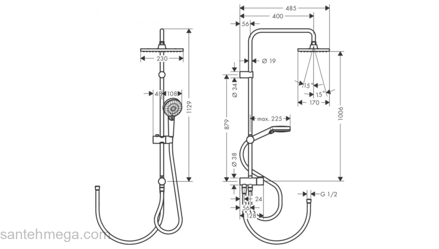 Душевая система Showerpipe 230 1jet Hansgrohe Vernis Shape Reno 26282000 хром. Фото