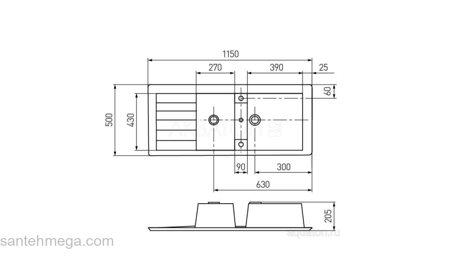 Мойка для кухни Акватон Торина прямоугольная с крылом и дополнительной чашей шампань 1A712032TR290. Фото