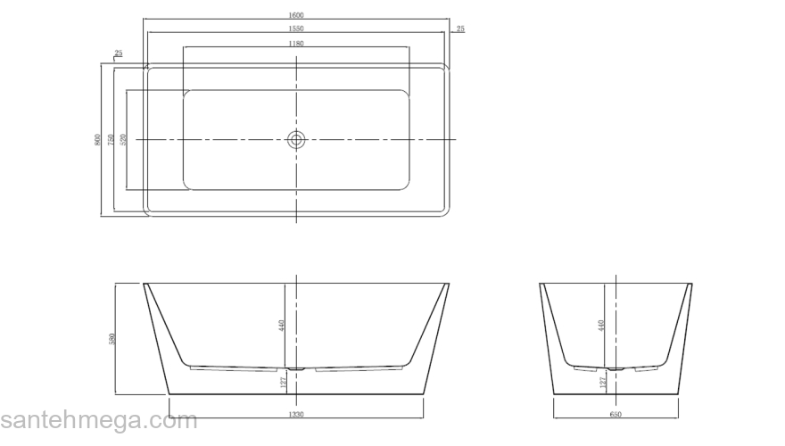 Ванна акриловая Azario LINCOLN 1600х800х580, свободностоящая, в комплекте с сифоном и металлической рамой LIN16080. Фото