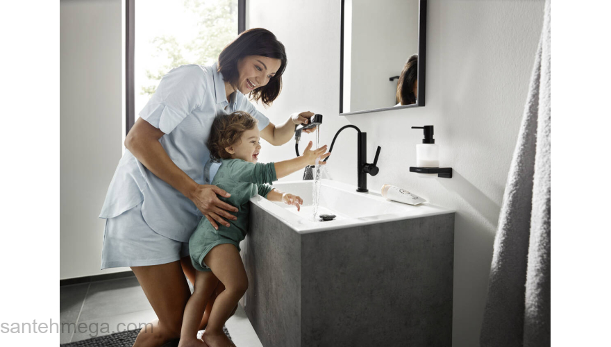 Finoris Смеситель для раковины, однорычажный, 230 с вытяжным душем 2jet, со сливным клапаном Push-Open 76063000, хром. Фото