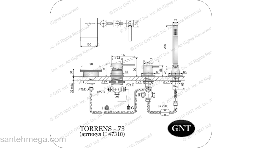 Врезной смеситель для ванны GNT Torrens-73. Фото