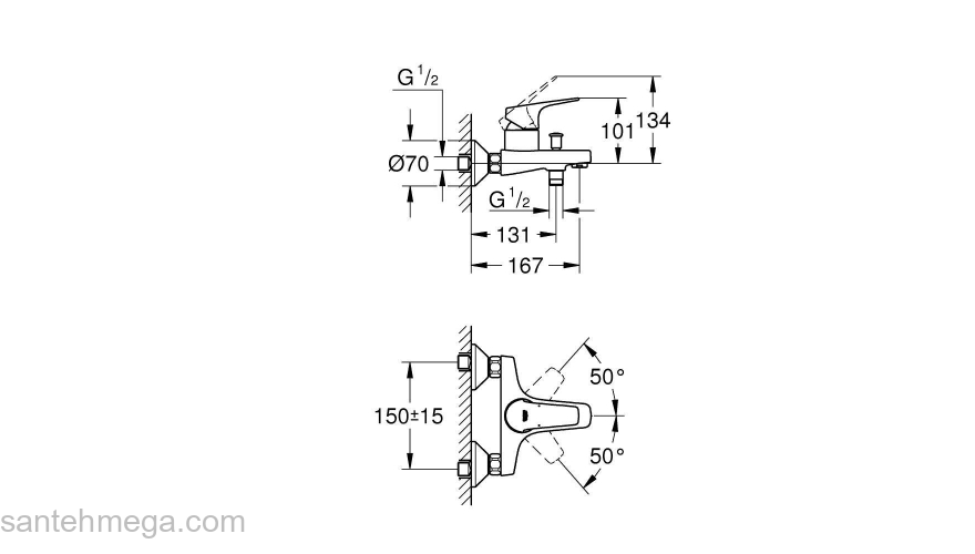 GROHE 23756000 BauFlow Смеситель для ванны, настенный монтаж. Фото