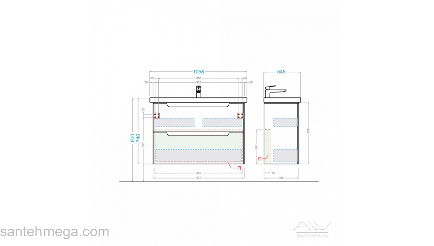 Тумба подвесная с раковиной ALAVANN Berta 105. Фото