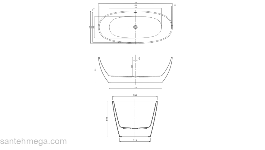 Ванна акриловая Azario DARWIN 1700х750х600 свободностоящая, в комплекте с сифоном и металлической рамой DAR17075. Фото