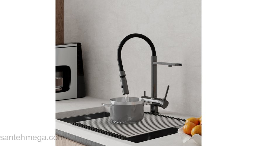 Смеситель для кухни с фильтром и гибким изливом графит Ace IDDIS ACEGMFFi05. Фото