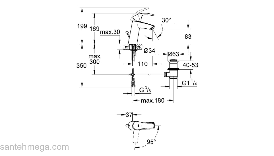 GROHE 2339310E Eurosmart Смеситель однорычажный для раковины со сливным гарнитуром, средний излив, с энергосберегающим картриджем - подача холодной воды при центральном положении рычага. Фото