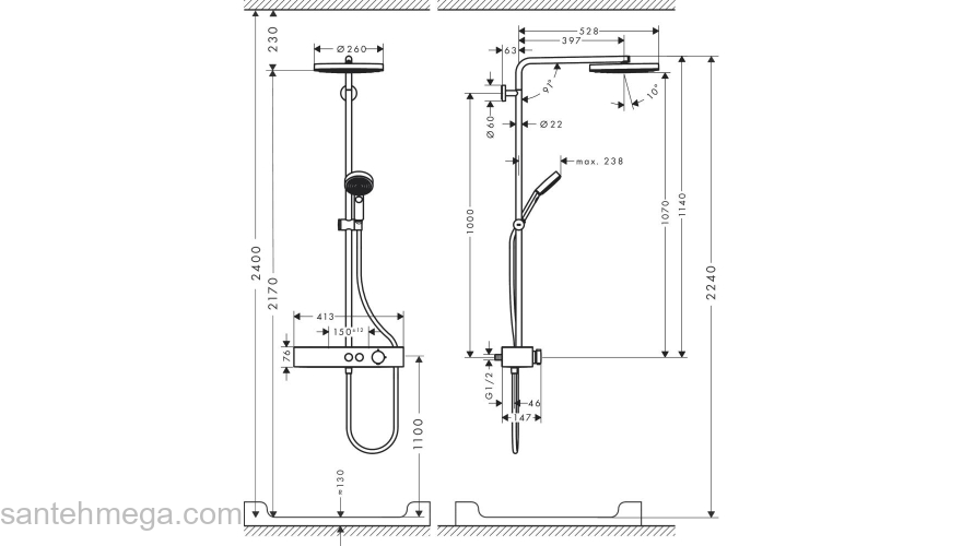 24220000 HANSGROHE  Pulsify Showerpipe 260 1jet термостатическая душевая система. Фото