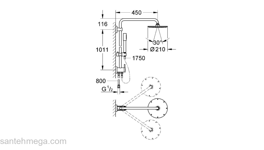 GROHE 27058000 Rainshower Душевая система с переключателем, настенный монтаж. Фото