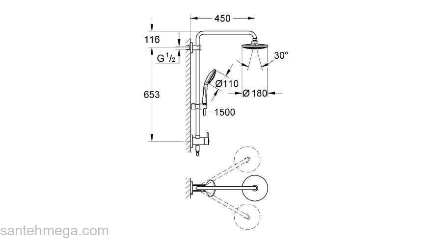 GROHE 26190000 Retro-fit 180 Душевая система с переключателем для настенного монтажа. Фото