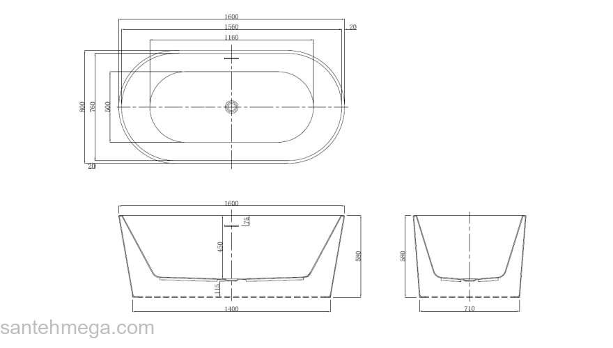 Ванна акриловая Azario BRISTOL 1600х800х580, свободностоящая, в комплекте с сифоном и металлической рамой BRI16080. Фото