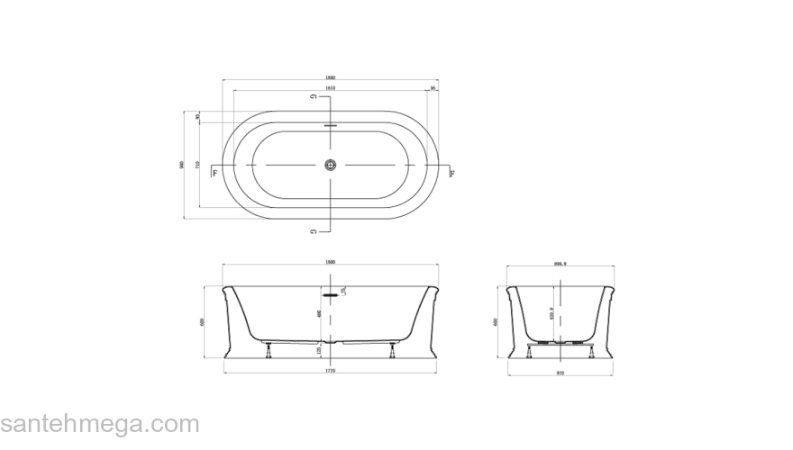 Ванна акриловая AZARIO TOUR 1800x900x600, свободностоящая, в комплекте с сифоном и металлической рамой, белая TOU18090. Фото