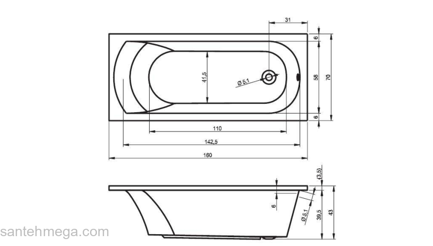 Ванна акриловая RIHO Miami 150х70 BB58005. Фото