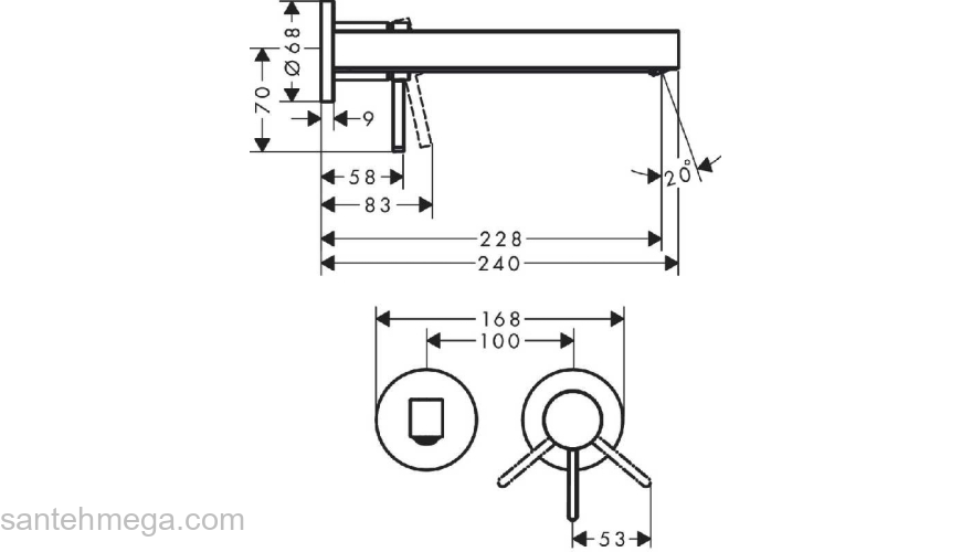 Finoris Смеситель для раковины, однорычажный, скрытого монтажа, настенный, с изливом 22,8 см 76050000, хром. Фото