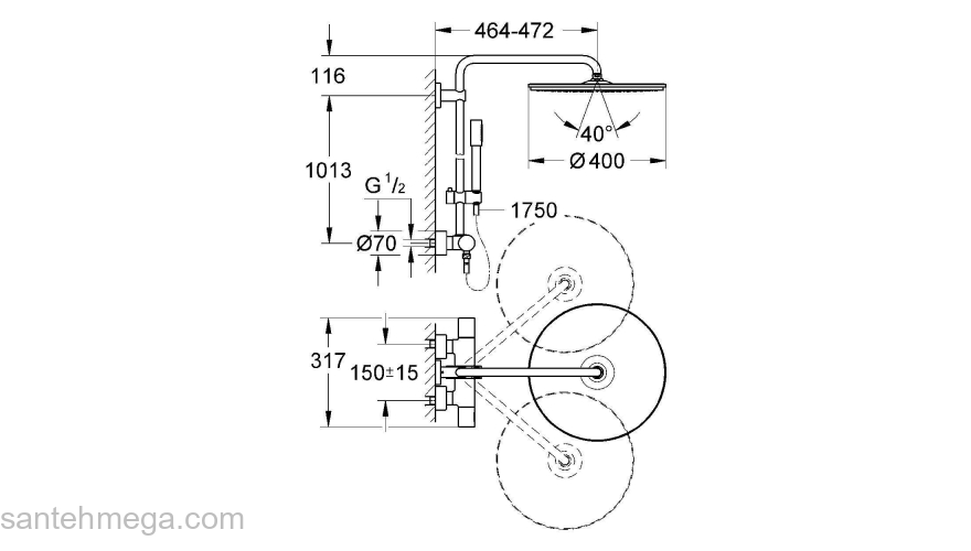 GROHE 27174001 Rainshower Душевая система с термостатом, настенный монтаж, кронштейн 450 мм, 
Jumbo. Фото