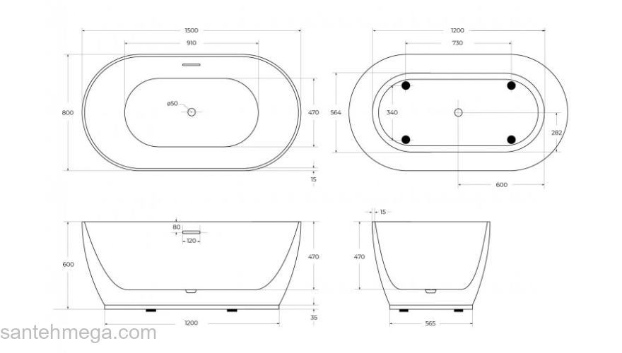 Ванна акриловая отдельностоящая BELBAGNO BB413-1500-800. Фото