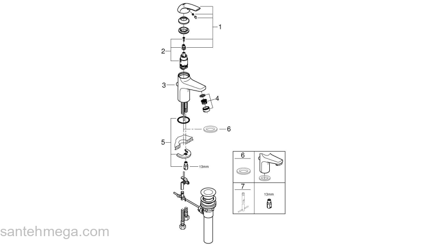 GROHE 32805000 BauCurve Смеситель однорычажный для раковины со сливным гарнитуром. Фото