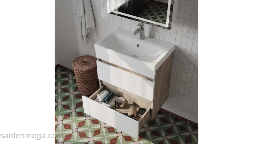 Тумба с умывальником подвесная с ящиками 60 см белая/под дерево Zodiac IDDIS ZOD6AB0i95K подходит ум. 3506000i28. Фото