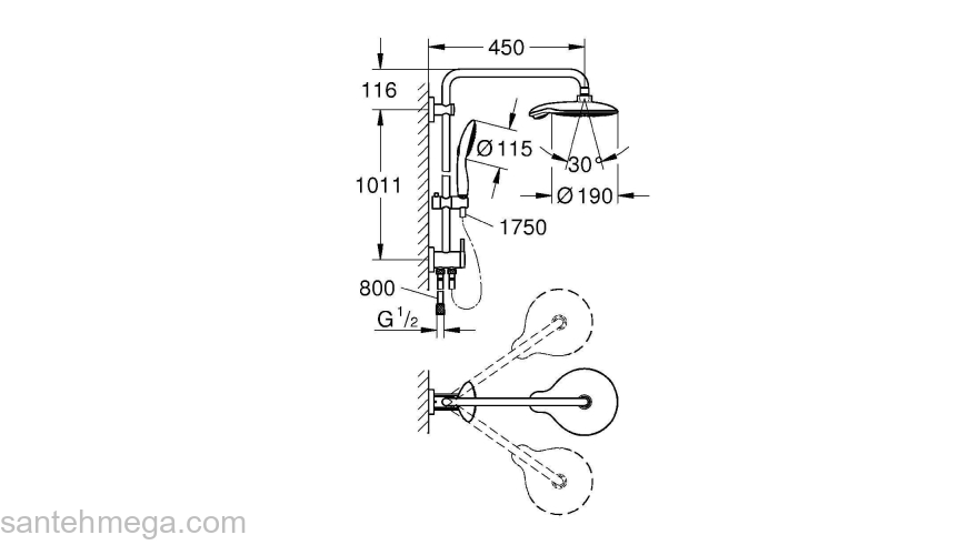 GROHE 27911000 Power & Soul Душевая система с переключателем для настенного монтажа, кронштейн 450 мм. Фото