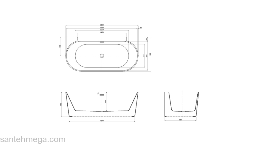 Ванна акриловая Azario MEDFORD 1700х800х580 пристенная, в комплекте с сифоном и металлической рамой MED17080. Фото