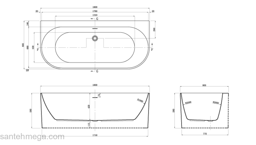 Ванна акриловая Azario BRADFORD 1800х800х580 пристенная, в комплекте с сифоном и металлической рамой BRA18080. Фото