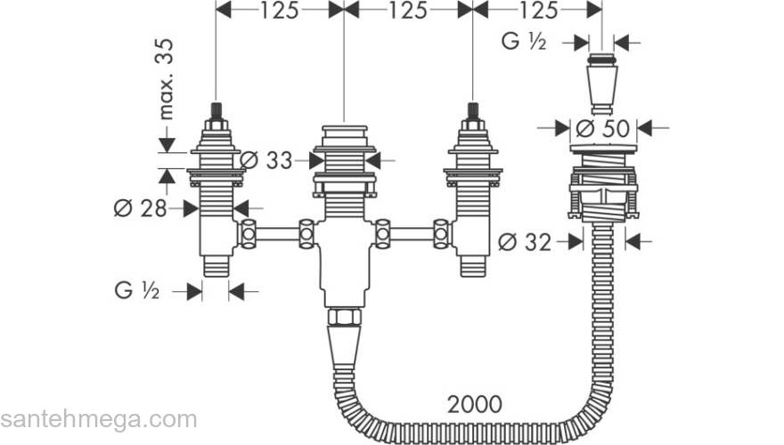 Базовый набор для установки смесителя на 4 отверстия на край ванны Hansgrohe 13244180. Фото