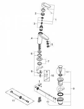 GROHE 2338920E Eurodisc Cosmopolitan Смеситель однорычажный для раковины со сливным гарнитуром, средний излив, с энергосберегающим картриджем - подача холодной воды при центральном положении рычага. Фото