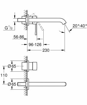 GROHE 19967GN1 Essence+ Смеситель для раковины на 2 отверстия, вынос 201 мм, настенный монтаж. Фото