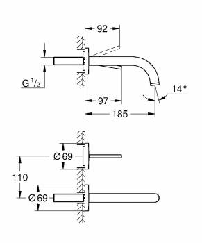 GROHE 19287003 Atrio New Joy Смеситель для раковины на 2 отверстия, настенный монтаж, вынос 185 мм, размер S (без встроенной части, комплект верхней монтажной части для 23 429 000). Фото