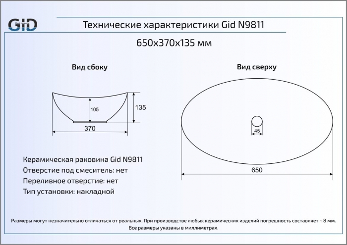 Раковина накладная GID Gd9811 65х37 53340 Золото. Фото