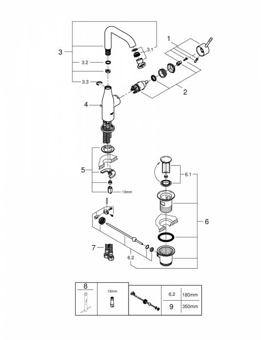 GROHE 32628EN1 Essence+ Смеситель для раковины с высоким изливом, сливной гарнитур. Фото