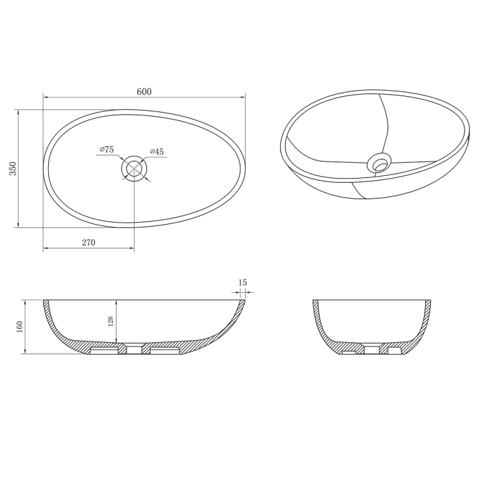 Раковина накладная AZARIO 600x350x160 из искусственного камня, белая матовая (AZ-1216S). Фото