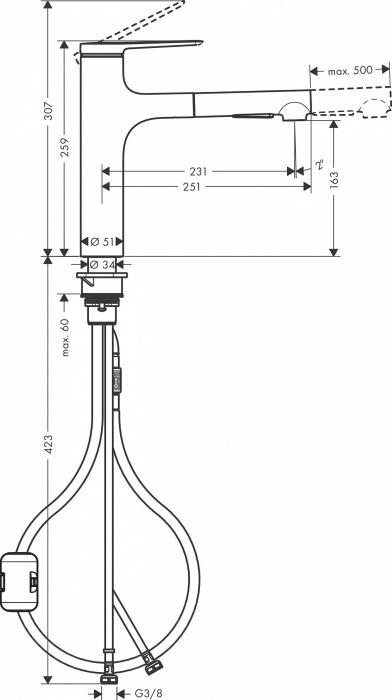 Смеситель для кухни Hansgrohe Zesis M33 74801000 с вытяжным душем. Фото