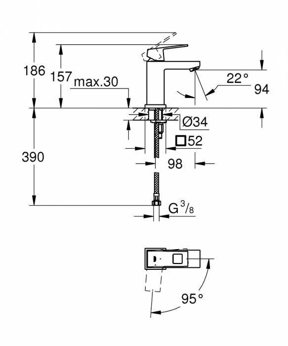 GROHE 2339200E Eurocube Смеситель однорычажный для раковины, гладкий корпус, с энергосберегающим картриджем - подача холодной воды при центральном положении рычага. Фото