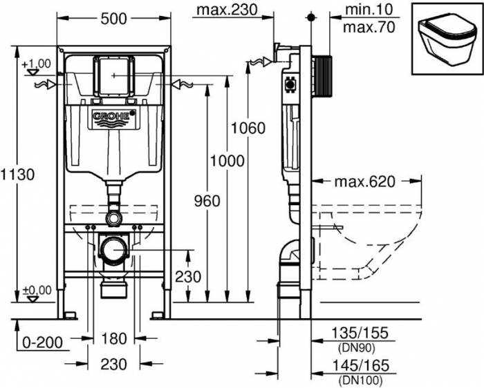 Инсталляция 2 в 1 для подвесного унитаза GROHE Rapid SL 38536001. Фото