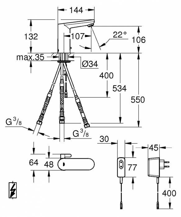 GROHE 36324001 Eurosmart Cosmopolitan E Инфракрасная электроника для раковины со смешиванием. Фото