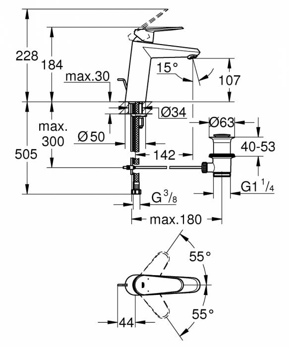 GROHE 23448002 Eurodisc Cosmopolitan Смеситель однорычажный для раковины со средним изливом, сливной гарнитур. Фото