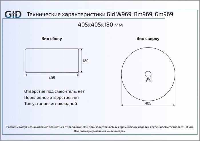 Раковина накладная GID Bm969 40х40 53334 Черный Матовый. Фото