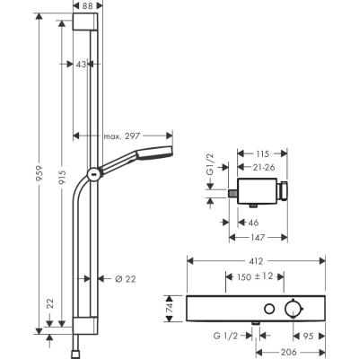 Душевая система Hansgrohe Pulsify S Showerpipe 105 3jet с термостатом для ванны, штанга 90 см 24270000, хром. Фото