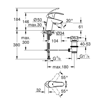 GROHE 33265002 Eurosmart 2015 Смеситель однорычажный для раковины со сливным гарнитуром, S-size. Фото