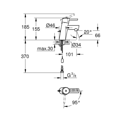 GROHE 2338110E Concetto Смеситель однорычажный для раковины с цепочкой, с энергосберегающим картриджем - подача холодной воды при центральном положении рычага. Фото