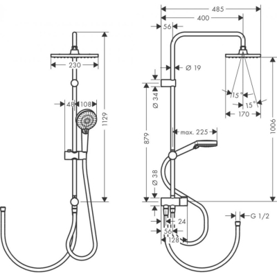 Душевая система Showerpipe 230 1jet Hansgrohe Vernis Shape Reno 26282000 хром. Фото