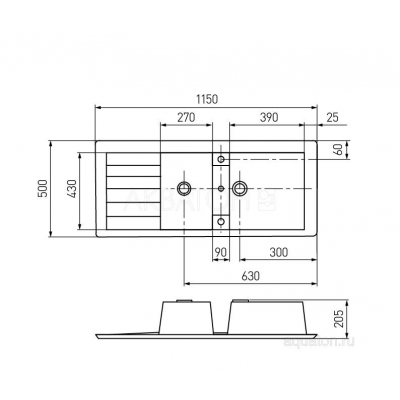Мойка для кухни Акватон Торина прямоугольная с крылом и дополнительной чашей шампань 1A712032TR290. Фото