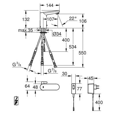 GROHE 36324001 Eurosmart Cosmopolitan E Инфракрасная электроника для раковины со смешиванием. Фото